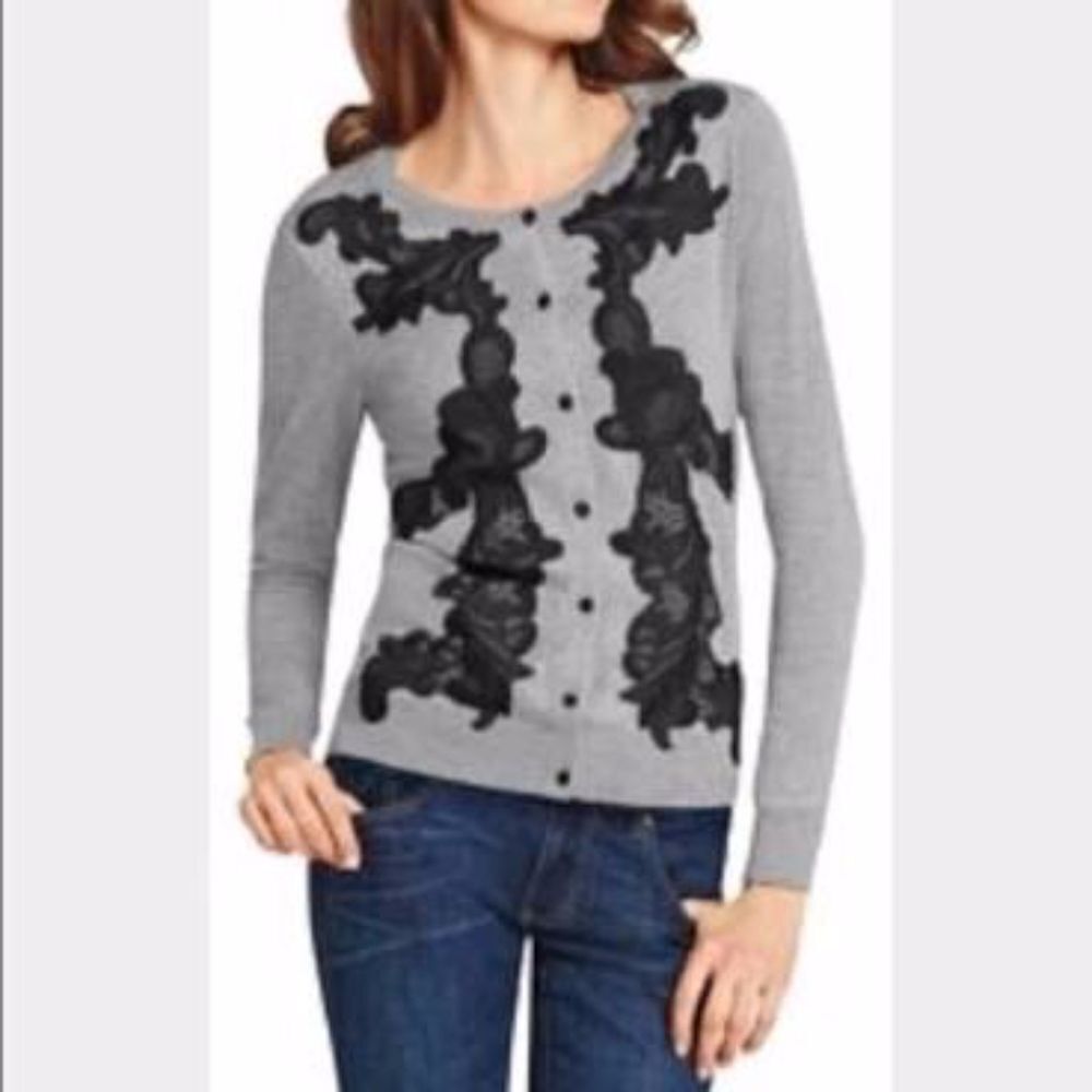CAbi Gray And Black Applique Cardigan Size M‎